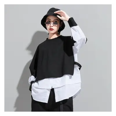 (white, L) Women Top Female T-shirts Fake Two-piece Straight Stitching Tide Brand Long-sleeved T