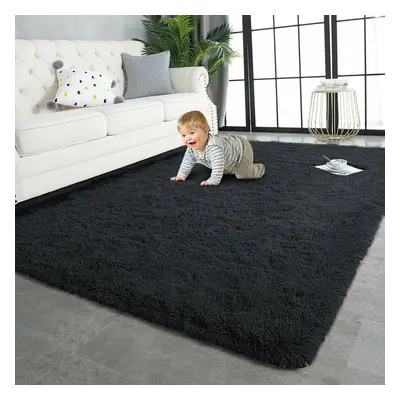 (Black, x Cm) Large Shaggy Fluffy Rugs Anti Slip Soft Carpet for Luxury Floor Area Bedroom Livin