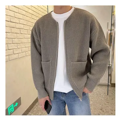 (Khaki, UK Size M=Tag Size L) Mens Casual Cardigan Sweater Men Long Sleeve Winter Warm Knitwear 