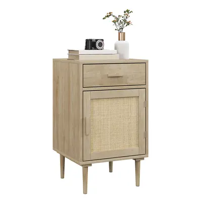 HOMCOM Bedside Table with Rattan Drawer, Cabinet and Adjustable Shelf, Natural