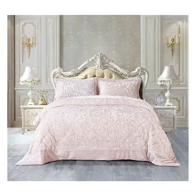 (Pink, King) 3PCs Embossed Modern Teddy Fleece Velvet Bedspread