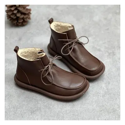 (coffee, 36-Plush) Johnature Vintage Genuine Leather Soft Sole Round Toe Lace Up Casual Handmade