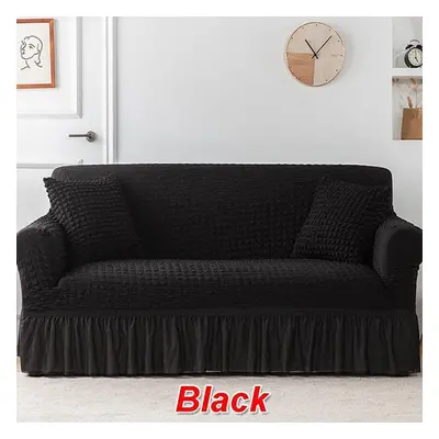 (black, Double 145-185cm) Ruffled Seersucker Sofa Cover For Living Room Thick Elastic Solid Stre