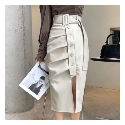 (white, L) Sexy And Chic Leather Skirt For Women With High Waist Side Split Skirts