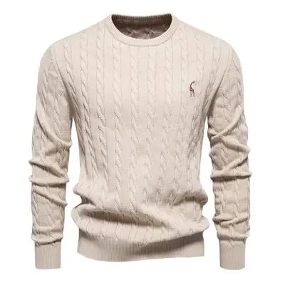 (apricot, 95-105 kg) Aiopeson Mens Giraffe Embroidery Cotton Sweaters Round Neck Classic Twist P