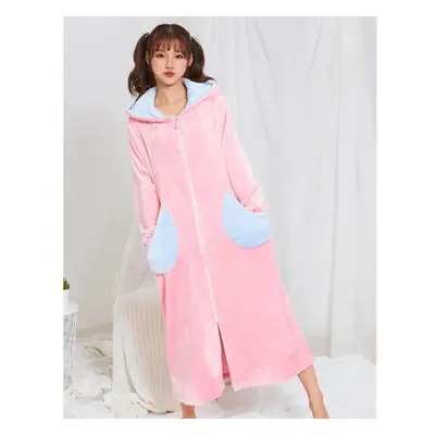 (pink, L) Flannel Robes For Women Fleece Hoody Thermal Warm Bathrobe Thicken Robe Sleepwear Nigh