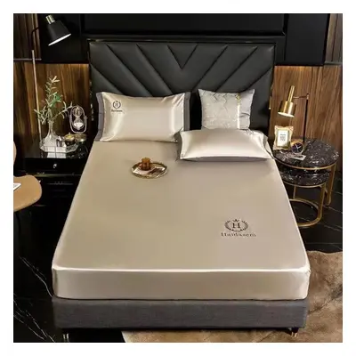 (coffee, 200*220cm) Summer Luxury Imitated Satin Silk Bed Sheet Solid Color Bedding Mattress Cov