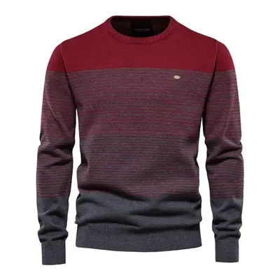 (wine, 82-90 kg) Aiopeson Brand Cotton Sweater Men Fashion Casual O-neck Striped Pullovers Knitt