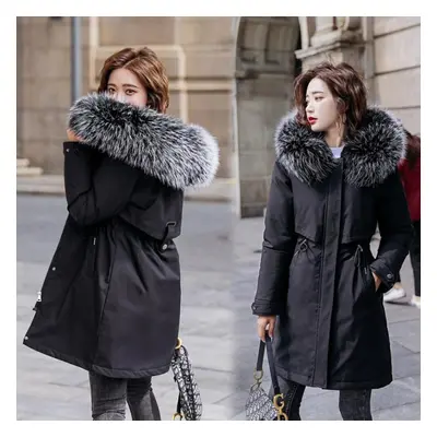 (black, XXL) Women Fall Winter Jacket Coat Parka Thicken Cotton Liner Medium Long Hooded Fur Col