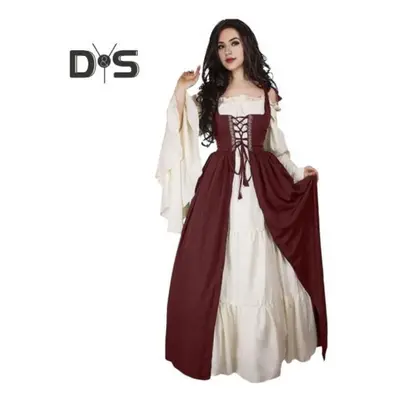 (red, XL) Set Women Dress Shirring Edge Square Neck Tight Waist Flowy Sleeves Lace-up Patchwork 