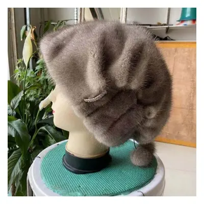 (gray, Adjustable(55-60cm)) Russian Fur Hat Winter Warm Natural Mink Fur Hats For Women Classic 