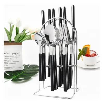 (C-black & silver) 24pcs Natural Bamboo Handle Cutlery Set Stainless Steel Family Dinnerware Fla