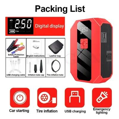 (red) New Car Emergency Starter Air Pump Multifunctional 4-in-1 Air Compressor Mah Power Bank Ca