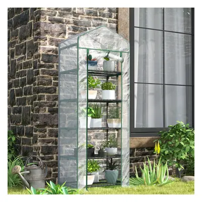 Outsunny Tier Mini Greenhouse Grow House w/ Roll Up Door, White/Green