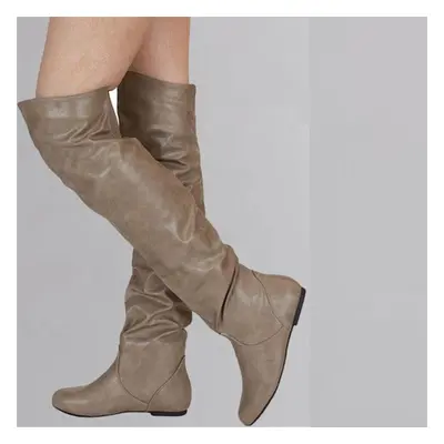 (khaki, 46) Women Over-the-knee Boots Round Toe Flats Pleated Stretch Long Boots Lady Fashion Sh