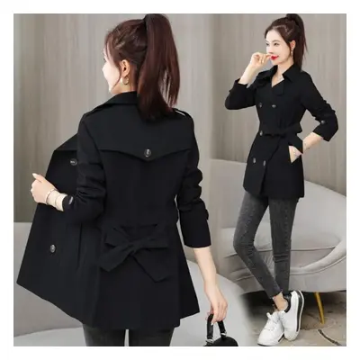 (black, XXXL) Spring Autumn Trench Coat Women Clothes Slim Long-sleeved Short Windbreaker With B