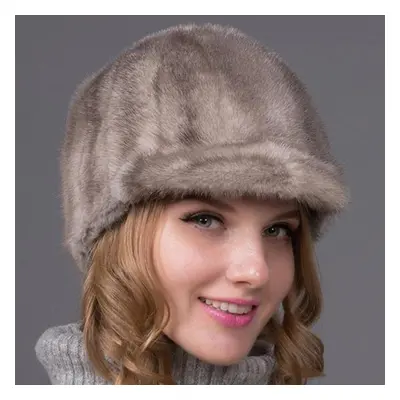 (khaki, L) Winter Mink Fur Women Warm Hat Fashion Thick Visor Hat Fox Fur Cap Casual