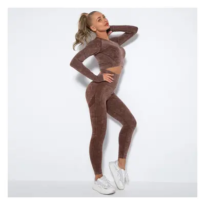 (coffee, L) Women Seamless Washed Peach Hip Lifting Sports Running Fitness O Neck Long Sleeve Pa