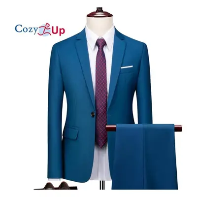 (lake blue, L) Cozy Up Men Solid Color Long Sleeve Lapel Slim Button Men Fashion Business Suit A