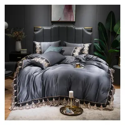 (grey, Plus size) 4pcs Lace Bedding Set Duvet Cover Set With Flat Sheet Zipper Closure Twin Quee