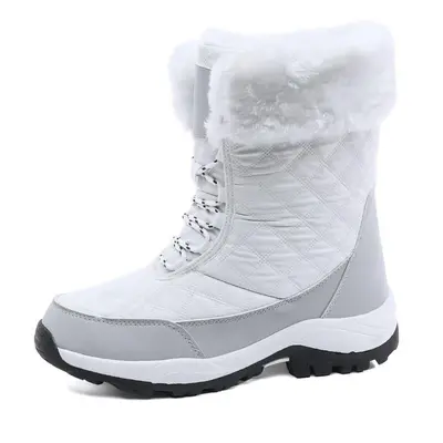 (white, 38) Women Winter Plus Velvet Snow Boots Casual Suede Lace Up High Top Warm Cotton Shoes 