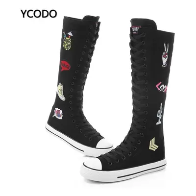 (black, 41) Spring Autumn Women Boots Canvas Mid Calf Boots Casual High Top Shoes Long Boots Lac