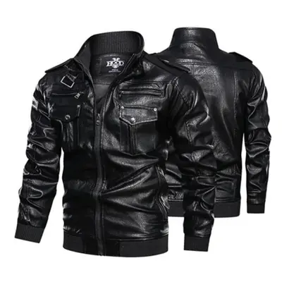 (black, XXL) Leather Bomber Jacket Men Fashion Coat Stand Collar Zipper Pockets Jackets Slim Fit