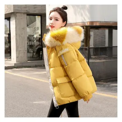 (yellow, S) Korean Loose Women Winter Thicken Bread Jacket Patchwork Wide-waisted Young Style St