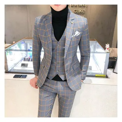 (gray, XL) Two Suit Male Fashion Autumn 3pcs Blazer+vest+pant Party Business Wedding Suit