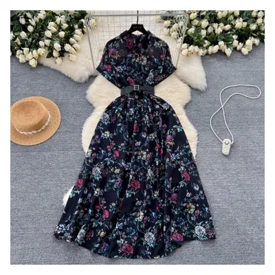 (black, XXL) French Vintage Print Lapel Dress Women&apos;s Short Sleeve Floral Print High Waist 