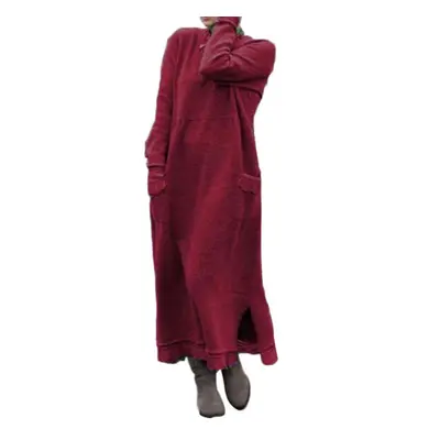 (wine red, XL) Tambov Autumn Winter Long Sleeve Lacework Hem Plus Size Knit Maxi Dress