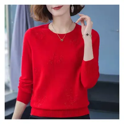 (red, 3XL) Spring Short Sweater Loose Women&apos;s Jacquard Solid Color Knitted Pullover Versati