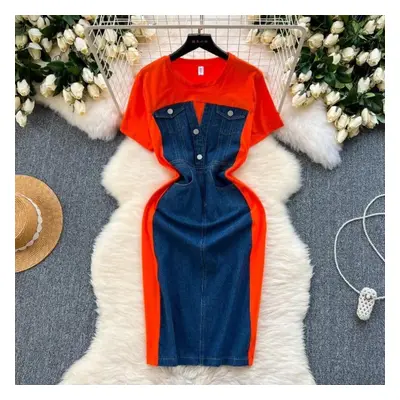 (orange, XL) New Trendy Casual Dress Women&apos;s Contrast Vintage Denim Panel Short Sleeve Slim