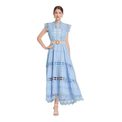 (blue, XL) Summer French Vintage Long Maxi Holiday Dress Hollow Out Embroidery Lace High Quality