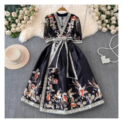 (black, XL) Summer Bohemian Flower Print Long Dress Women V-neck Puff Sleeve Vintage Print Banda