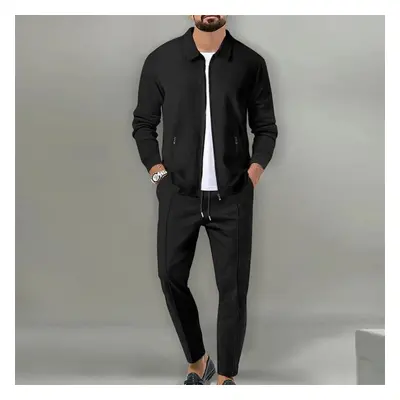 (black, L) Lapel Slim Fitting Male Coat Waffle Zipper Pocket Long Sleeved Sportswear Man Cardiga