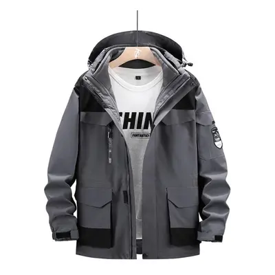 (grey, 6XL) Winter Plus Size Warm Windproof Waterproof Two-piece Jacket Warm Hooded Mountaineeri