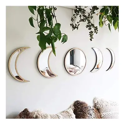 5Pcs Moon Phase Mirror Set, Acrylic Wall Decorative Mirror Wooden Frame Moon Phase Mirror Home D