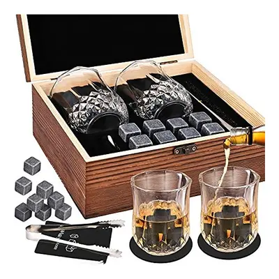 Whisky Stones and Glasses Gift Set, GOLDGE Whisky Granite Chilling Stones, Whisky Stones + Glass