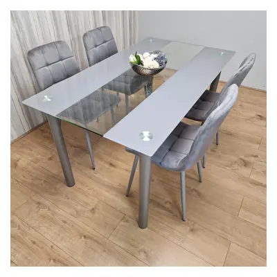 Dining Table Clear Glass and Velvet Grey Chairs Dining Room Furniture