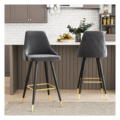 (Grey) 2x Velvet Bar Stools Kitchen Breakfast Pub Chairs High Counter Stool Restaurant