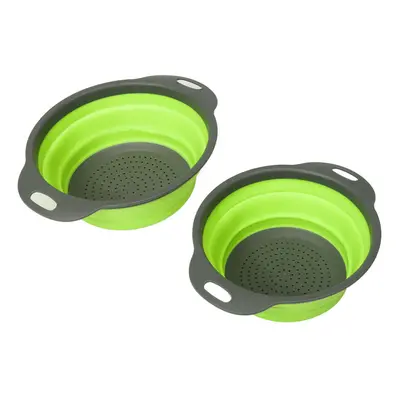 (Green) 2Pcs Set Collapsible Foldable Silicone Drain Colander Fruit Vegetable Strainer Basket