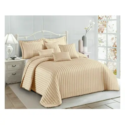 (Beige, King ) Bedspread Quilted Bed Throw Pom Pom Bedding Pillow Shams Single Double King Size