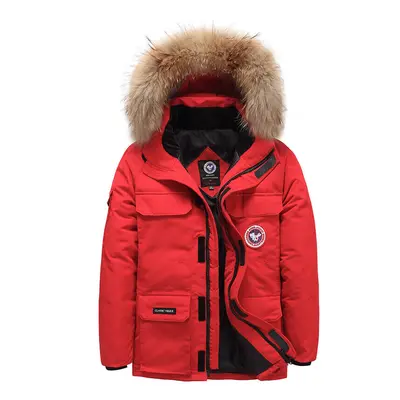 (red, XL) Winter new men's large fur collar down jacket short section workwear outdoor padded th