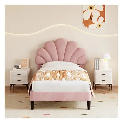 (Pink, 90cm*190cm with Velvet Platform Bed Frame ) Single Velvet Bed Frame with Solid Wood Slat