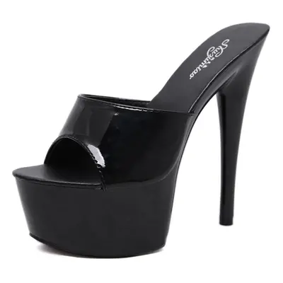 (black, 39) 15cm Heel 5cm Platform Leather Tuote Thin High Heels Sexy Black Platform Ultra-high 