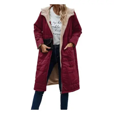 (wine red, 3XL) Women Winter Splicing Long Coat Hooded Long Sleeve Fleece Lining Outwear Zipper 