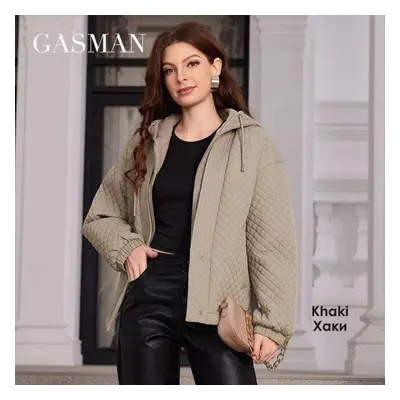 (khaki, L) Gasman Women&apos;s Jackets Spring Short Coats Spliced Hooded Design Windproof Warmth