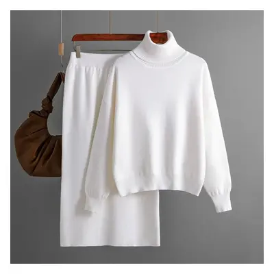 (white, One Size) Autumn And Winter Women&apos;s Knitted Sweater Set Solid Color High Neck Long 