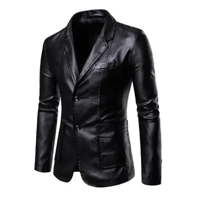 (black, M) Spring Autumn Fashion Men&apos;s Lapel Coat Male Business Casual Pu Blazers Jacket